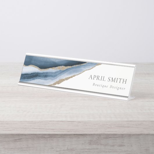 エレガント抽象芸術ネイビーブルーアガテ金ゴールド水彩 デスクネームプレート (正面)