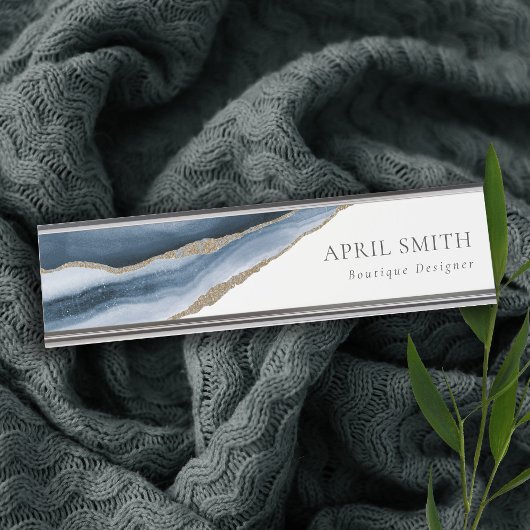 エレガント抽象芸術ネイビーブルーアガテ金ゴールド水彩 デスクネームプレート