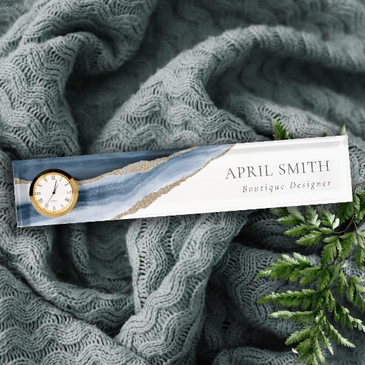 エレガント抽象芸術ネイビーブルーアガテ金ゴールド水彩 デスクネームプレート