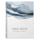 エレガント抽象芸術ネイビーブルーアガテ金ゴールド水彩 ノートブック (正面)