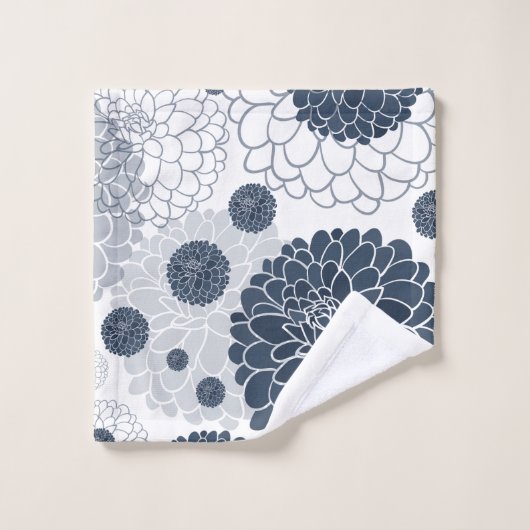 エレガント抽象芸術ネイビーブルーダリア花模様 バスタオルセット (ウォッシュタオル)