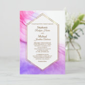 エレガント抽象芸術ピンク紫金ゴールドフレ結婚ーム 招待状 (スタンド正面)