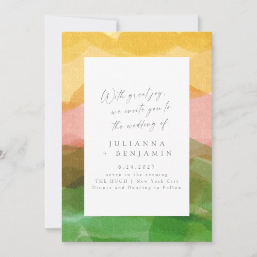 エレガント抽象芸術ピンク緑のウォーター結婚カラー 招待状 (正面)