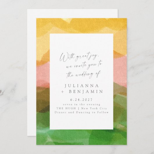 エレガント抽象芸術ピンク緑のウォーター結婚カラー 招待状 (正面/裏面)