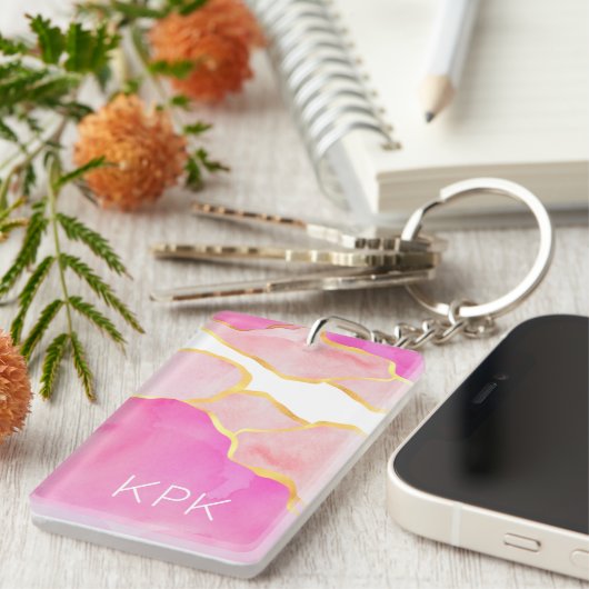 エレガント抽象芸術ピンク金ゴールド白モダンイニシャル キーホルダー (正面右)