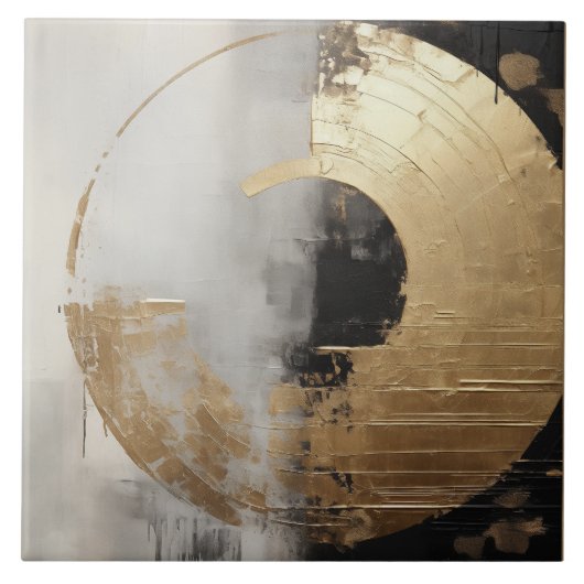 エレガント抽象芸術フェイク金ゴールドとモノクロ油 タイル (正面)