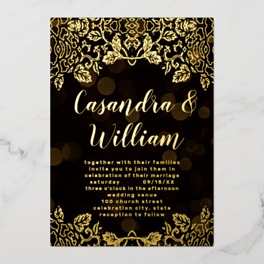 エレガント抽象芸術フローラ結婚の箔押し 箔招待状 (正面)