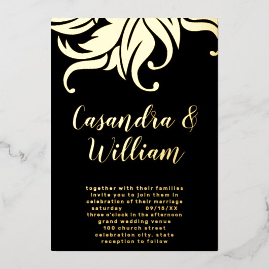 エレガント抽象芸術フローラ結婚金ゴールド 箔招待状 (正面)