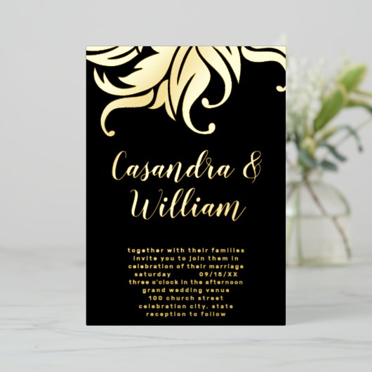 エレガント抽象芸術フローラ結婚金ゴールド 箔招待状 (立ち正面)