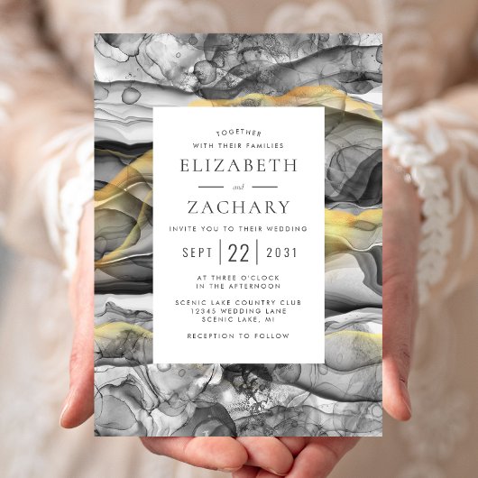 エレガント抽象芸術ブラック・グレイ・金ゴールド結婚ズ 招待状