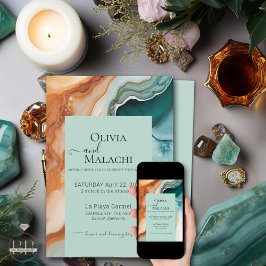 エレガント抽象芸術モダンアゲートティール（緑がかった色）テラコッタ 招待状