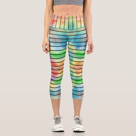 エレガント抽象芸術レインボーカラー黒ストライプ色 カプリレギンス (正面)