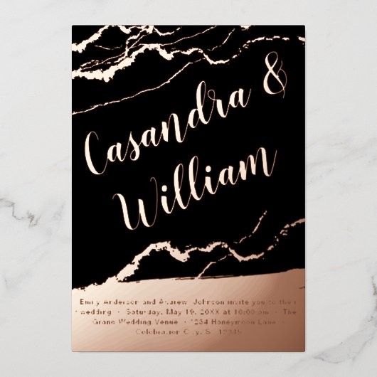 エレガント抽象芸術大理石の金ゴールド結婚ズ 箔招待状 (正面)