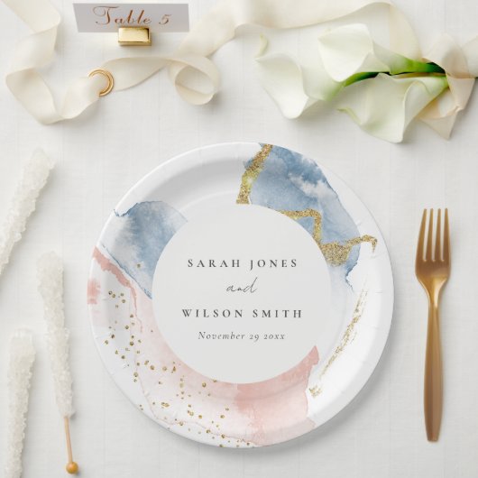 エレガント抽象芸術水色金ゴールドピンクブルー結婚ズ ペーパープレート (ウェディング)