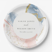 エレガント抽象芸術水色金ゴールドピンクブルー結婚ズ ペーパープレート (正面)