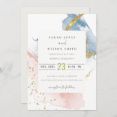 エレガント抽象芸術水色金ゴールドピンクブルー結婚ズ 招待状 (正面/裏面)