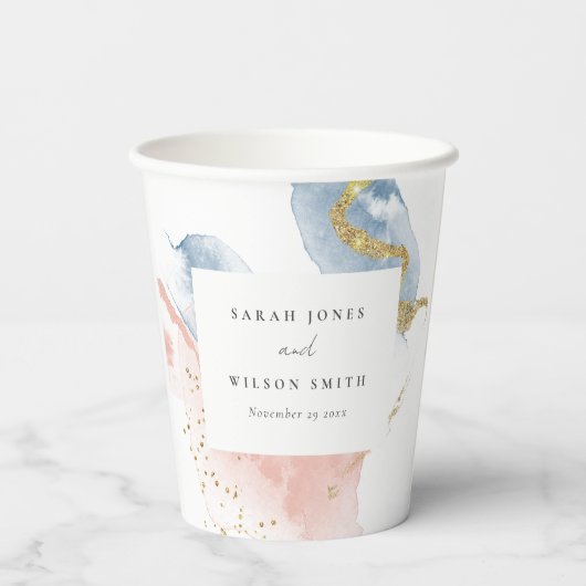エレガント抽象芸術水色金ゴールドピンクブルー結婚ズ 紙コップ (裏面)