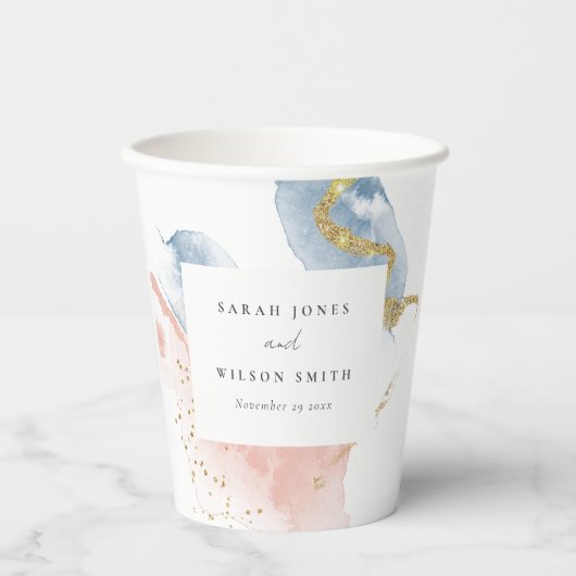 エレガント抽象芸術水色金ゴールドピンクブルー結婚ズ 紙コップ (正面)