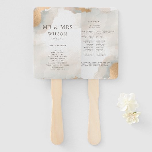 エレガント抽象芸術水色金ゴールド結婚 ハンドファン (正面&裏面)