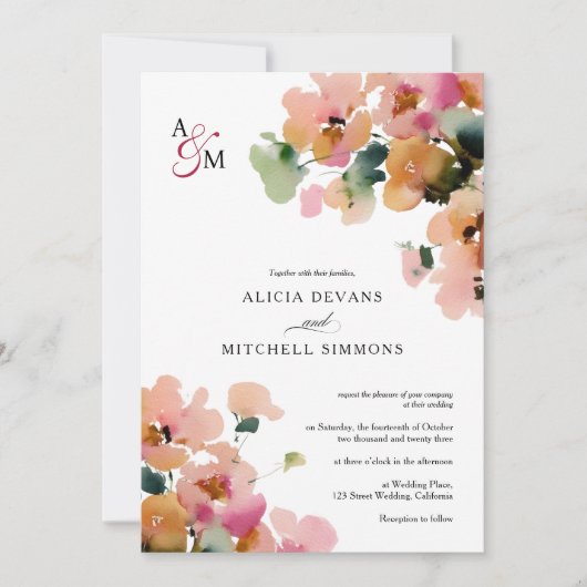 エレガント抽象芸術秋フローラモノグラ結婚ム 招待状 (正面)
