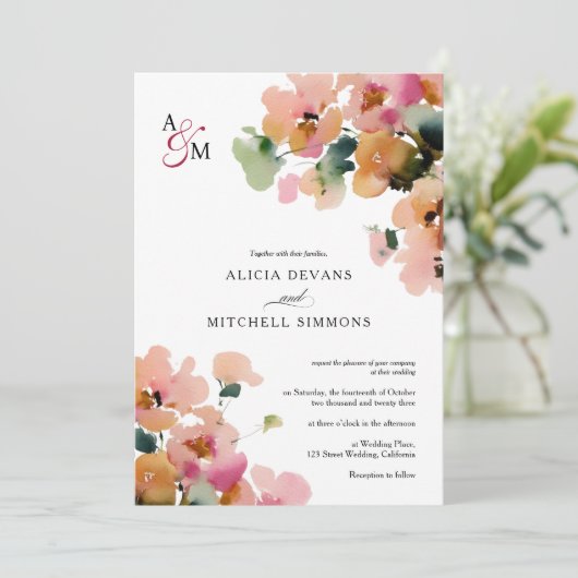 エレガント抽象芸術秋フローラモノグラ結婚ム 招待状 (スタンド正面)