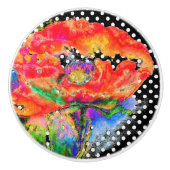 エレガント抽象芸術赤フローラ水色水玉模様 セラミックノブ (正面)