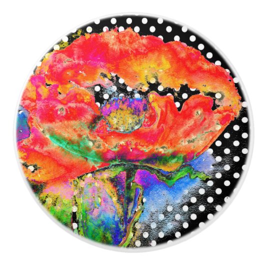 エレガント抽象芸術赤フローラ水色水玉模様 セラミックノブ (正面)