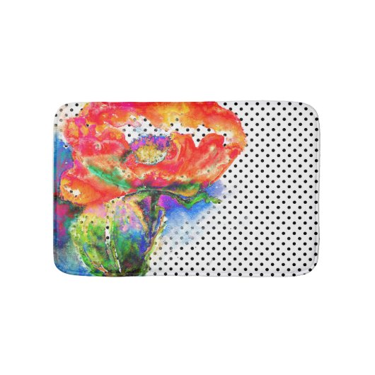 エレガント抽象芸術赤フローラ水色水玉模様 バスマット (正面)