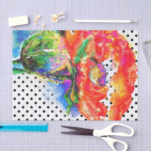 エレガント抽象芸術赤フローラ水色水玉模様 薄葉紙 (クラフト)