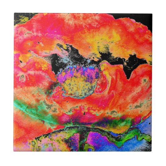 エレガント抽象芸術赤フローラ水色 タイル (正面)