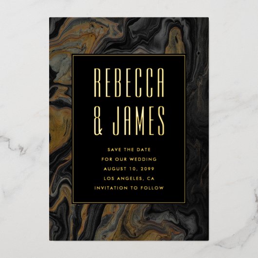 エレガント抽象芸術金ゴールドブラック大理石結婚の 箔招待状 (正面)