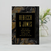 エレガント抽象芸術金ゴールドブラック大理石結婚の 箔招待状 (立ち正面)