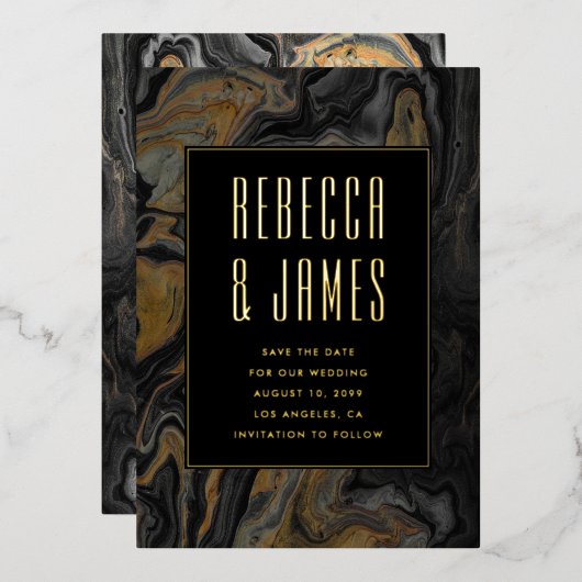 エレガント抽象芸術金ゴールドブラック大理石結婚の 箔招待状 (正面/裏面)