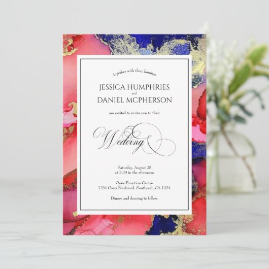 エレガント抽象芸術・レッド・金ゴールド・パープ結婚ルズ 招待状 (スタンド正面)