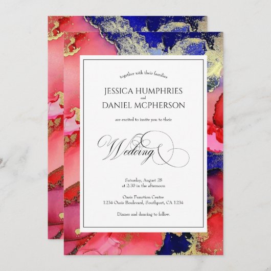 エレガント抽象芸術・レッド・金ゴールド・パープ結婚ルズ 招待状 (正面/裏面)