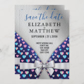 エレガント招待状はがきボウとハート斑点 招待状 (正面/裏面)