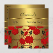 エレガント招待状40th誕生日パーティー金ゴールド赤フローラ 招待状 (正面/裏面)