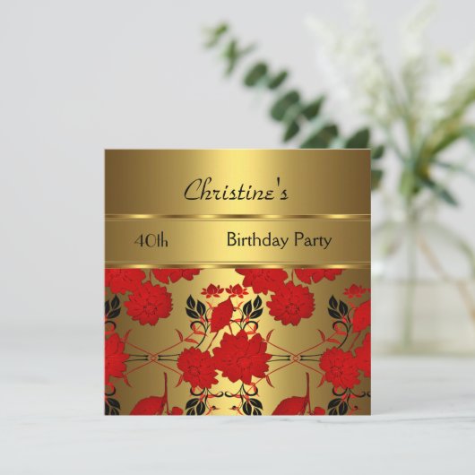 エレガント招待状40th誕生日パーティー金ゴールド赤フローラ 招待状 (スタンド正面)