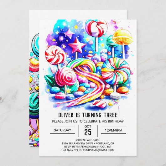 エレガント振りかけるキャンディ誕生日 招待状 (正面/裏面)