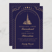 エレガント教会パープル金ゴールドアールデコ結婚ズ 招待状 (正面/裏面)