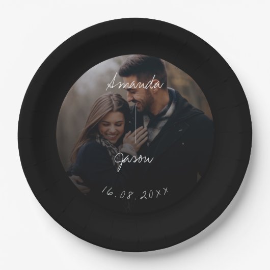 エレガント文字オーバーレイスクリプト写真ウェディングパーティー ペーパープレート (正面)