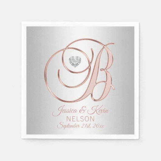 エレガント文字'B'シルバーグレーバラ金ゴールド結婚 スタンダードカクテルナプキン (正面)