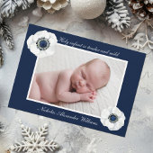 エレガント新生児ダークブルー花写真クリスマス シーズンカード