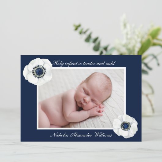 エレガント新生児ダークブルー花写真クリスマス シーズンカード (スタンド正面)