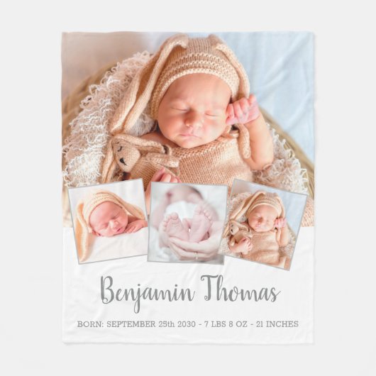 エレガント新生児パーソナライズされた4フォトコラージュ フリースブランケット (正面)