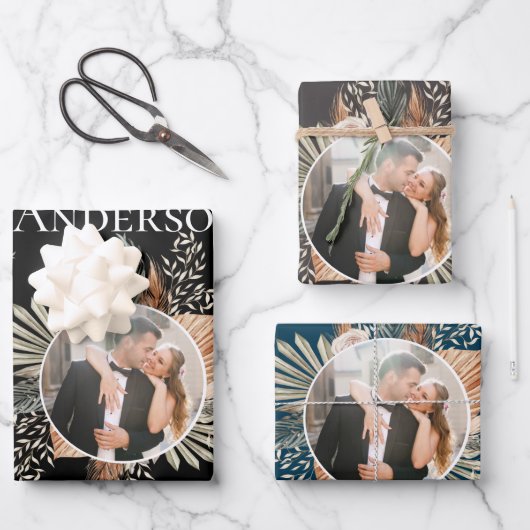 エレガント新郎新婦の写真/名前3色 ラッピングペーパーシート (正面)