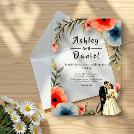 エレガント新郎新婦の水彩フローラ結婚 アクリル招待状