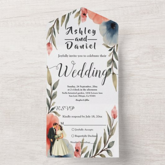 エレガント新郎新婦の水彩フローラ結婚 オールインワン招待状 (内側)