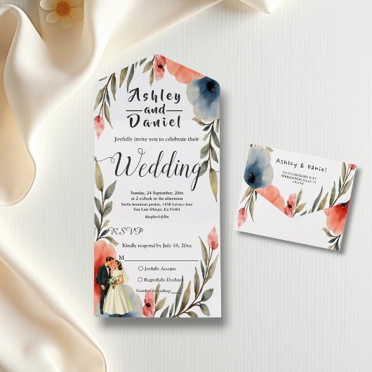 エレガント新郎新婦の水彩フローラ結婚 オールインワン招待状