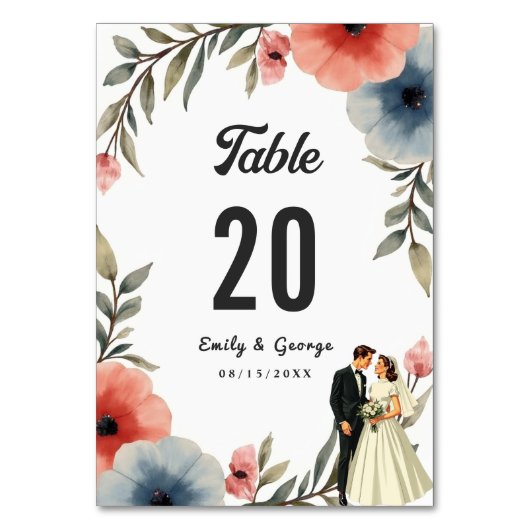 エレガント新郎新婦の水彩フローラ結婚 テーブルナンバー (裏面)
